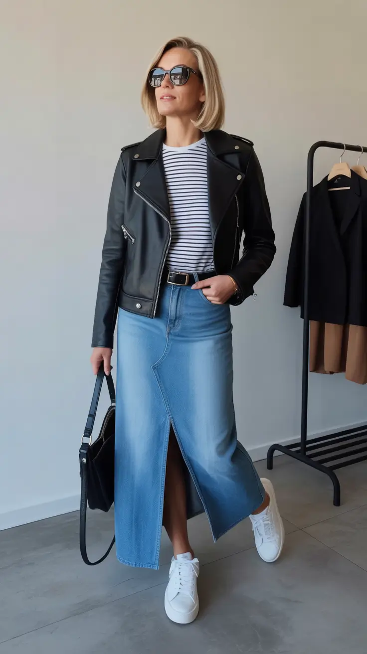 Casual outfits for women over 40 in 2026 - Leather Jacket With Denim Midi And Stripes