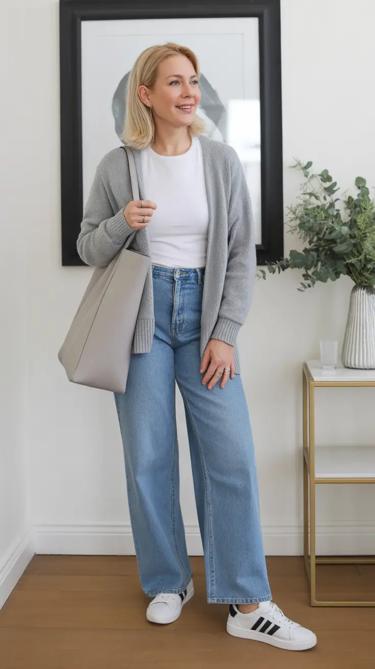 Casual outfits for women over 40 in 2026 - Soft Gray Cardigan And Sneakers Done Right