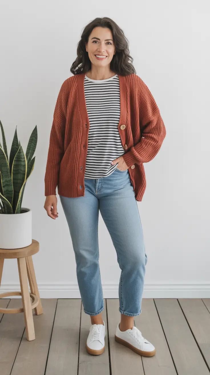 Casual outfits for women over 40 in 2026 - Rust Cardigan And Stripes For Cozy Weekend Energy