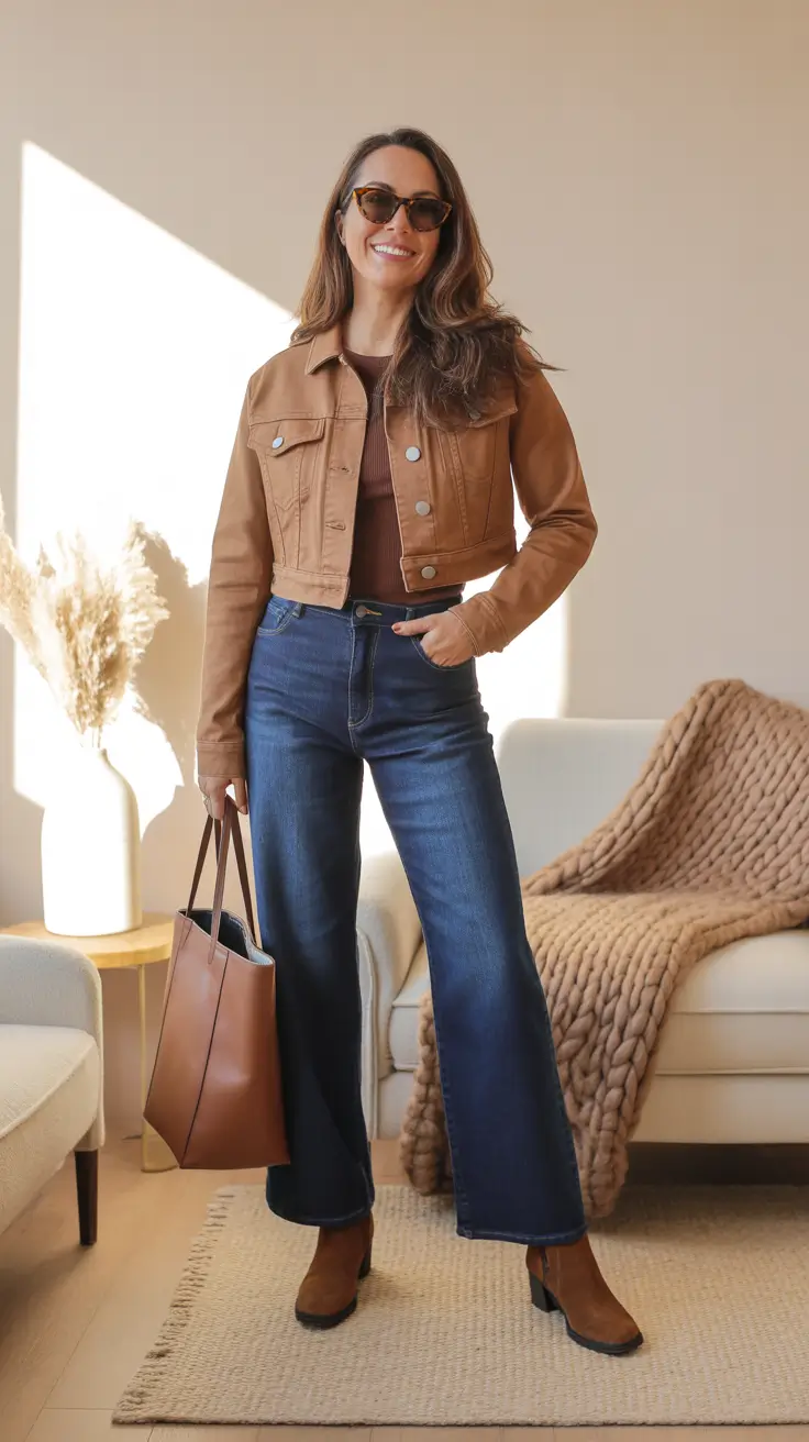 Casual outfits for women over 40 in 2026 - Warm Tan Jacket And Dark Denim For Elevated Fall Casual