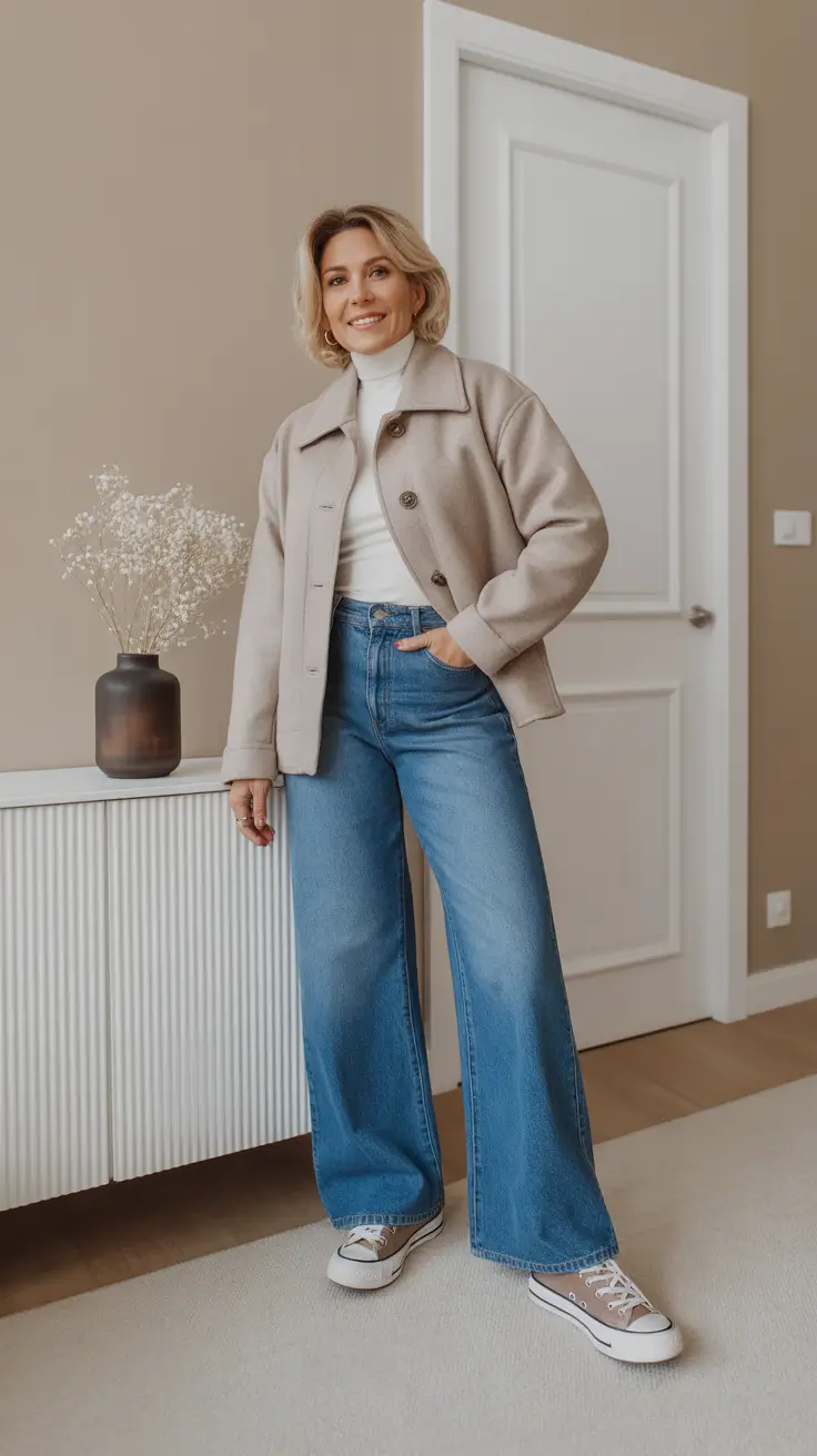 Casual outfits for women over 40 in 2026 - Cream Turtleneck And Neutral Jacket For Winter-Ready Denim Days