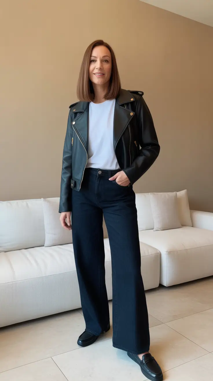 Casual outfits for women over 40 in 2026 - Moto Jacket And Wide-Leg Trousers For Casual Chic Confidence