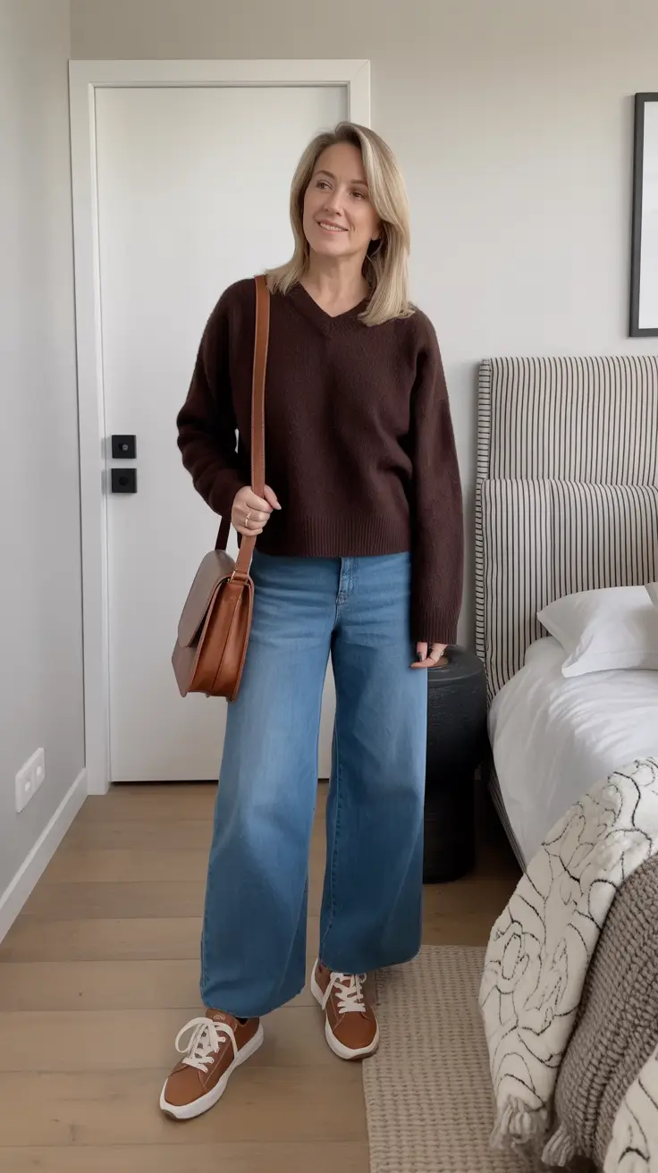 Casual outfits for women over 40 in 2026 - Cozy Chocolate Knit With Relaxed Wide-Leg Jeans
