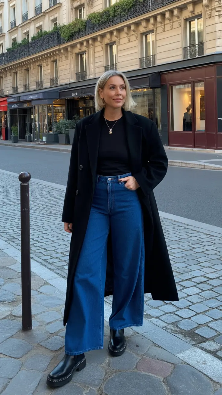 Casual outfits for women over 40 in 2026 - Black Coat Energy With Denim And Boots