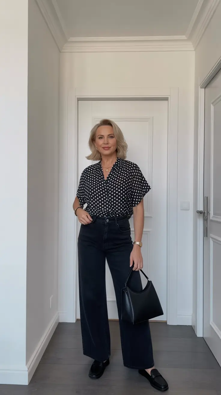Casual outfits for women over 40 in 2026 - Polka Dots And Wide-Leg Pants For A Polished Weekday