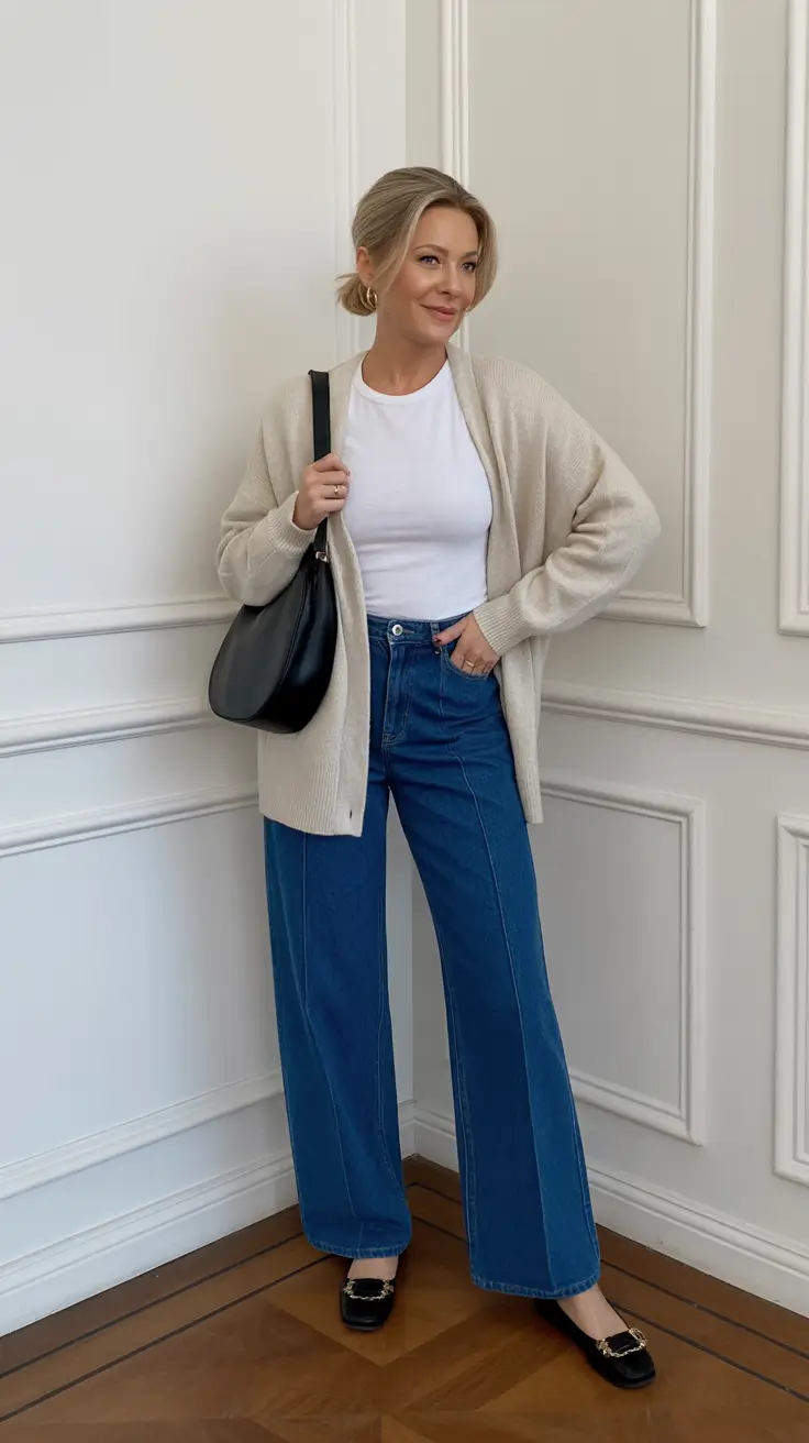 Casual outfits for women over 40 in 2026 - Soft Cardigan And Wide-Leg Denim For Mom-Life Cool
