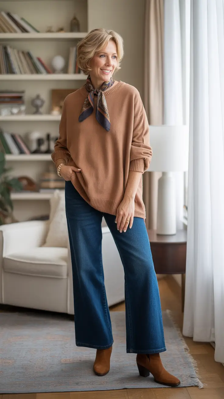 Casual outfits for women over 50 in 2026 - Camel Knit And Wide-Leg Denim For Effortless Polish