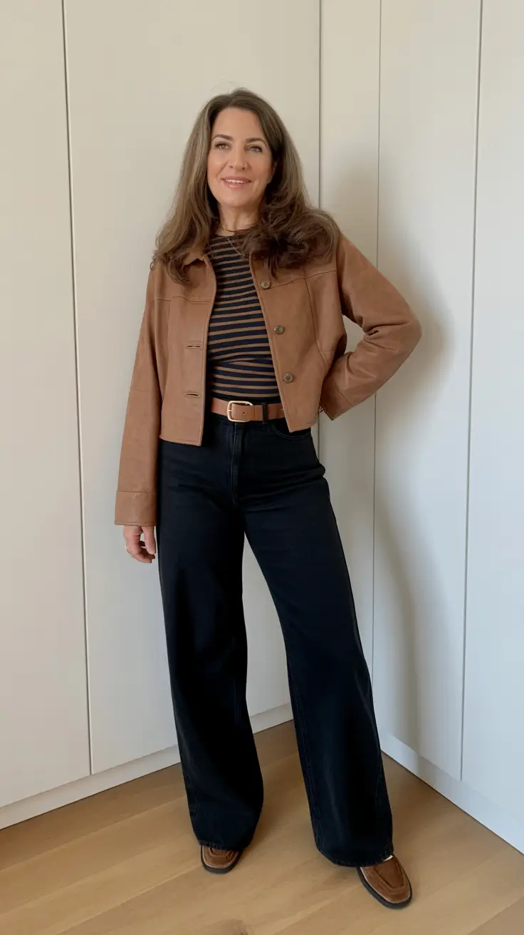 Casual outfits for women over 50 in 2026 - Cropped Tan Jacket With Stripes And Black Wide-Leg Pants