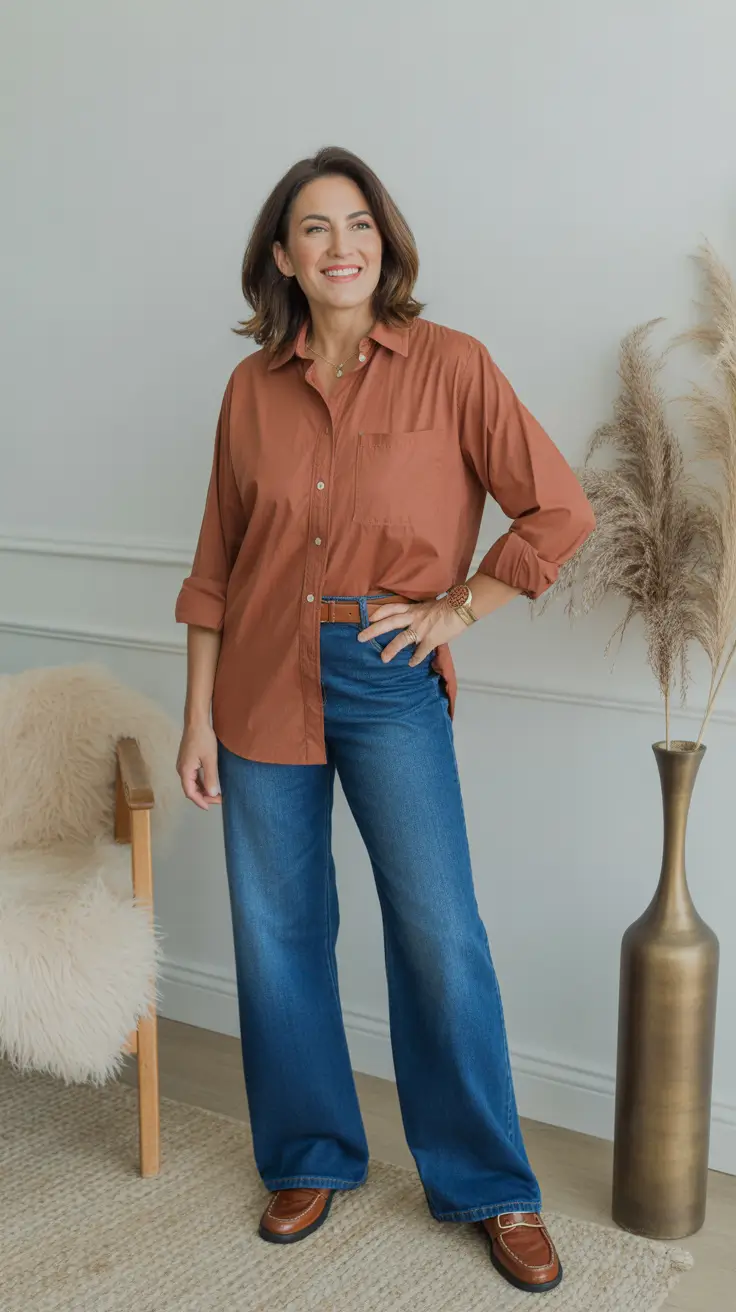 Casual outfits for women over 50 in 2026 - Rust Button-Down And Wide Denim For Cozy Modern Classics