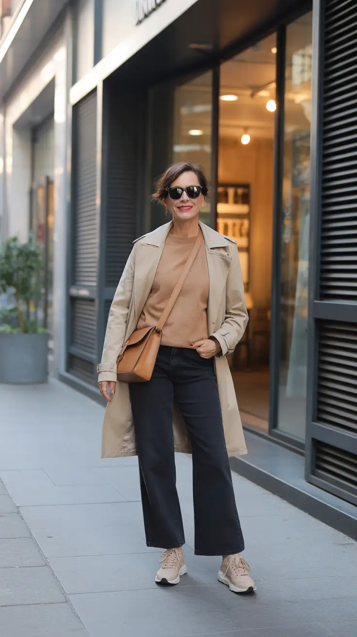 Casual outfits for women over 50 in 2026 - Trench Coat With Camel Knit And Sneakers For Spring City Days