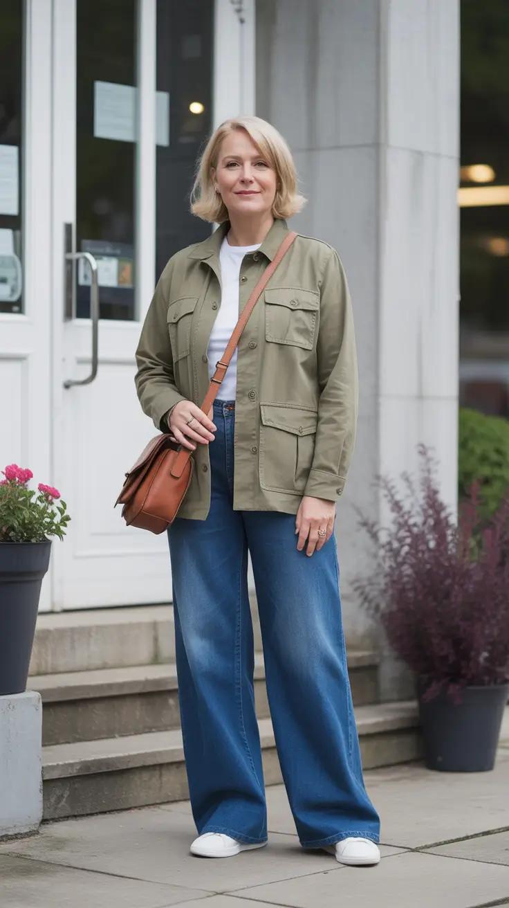 Casual outfits for women over 50 in 2026 - Olive Utility Jacket With White Tee And Sneakers