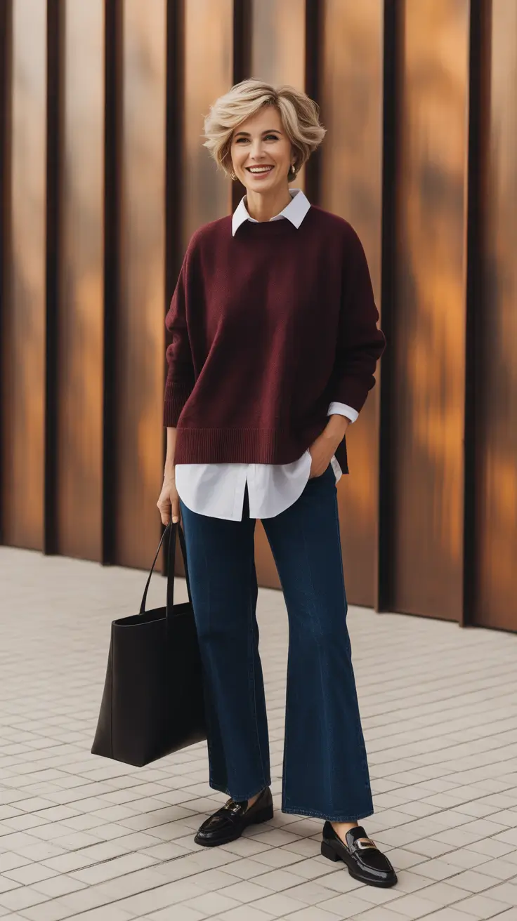 Casual outfits for women over 50 in 2026 - Burgundy Sweater Layered Over A Crisp White Shirt