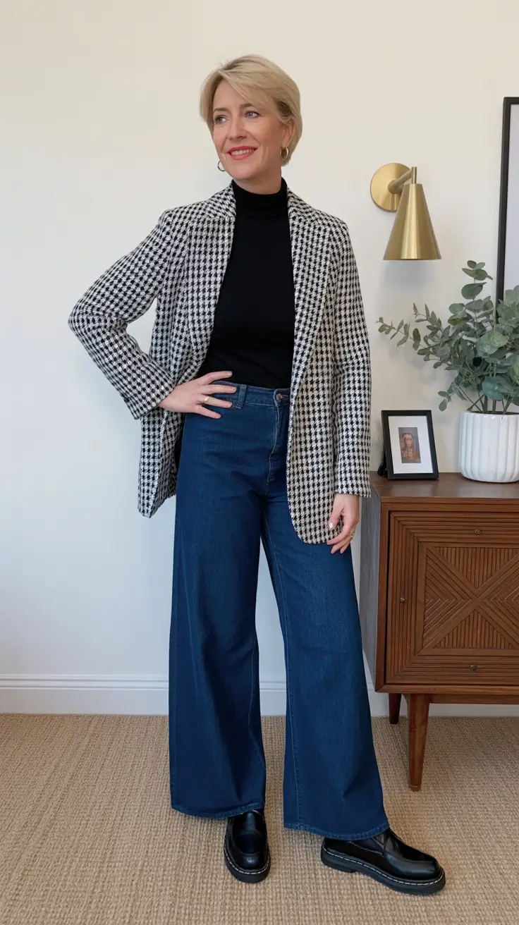 Casual outfits for women over 50 in 2026 - Houndstooth Blazer With Black Top And Wide-Leg Jeans