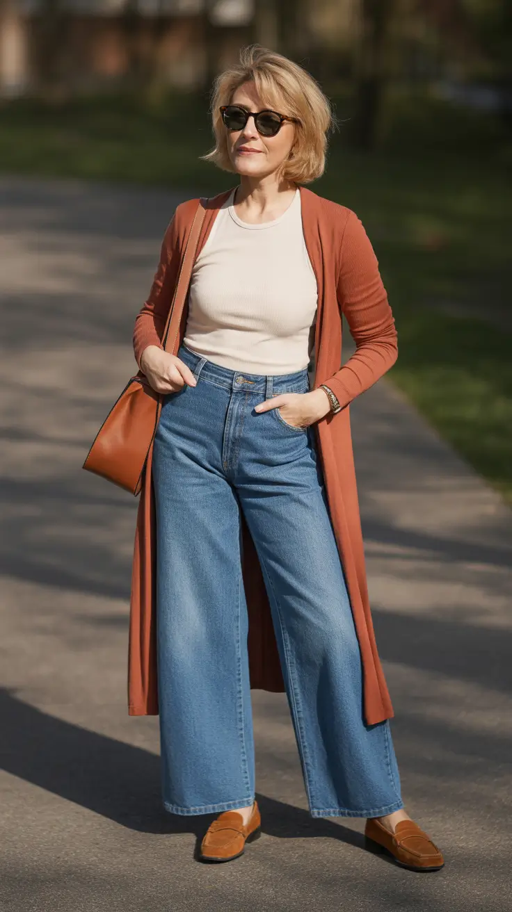 Casual outfits for women over 50 in 2026 - Rust Duster Cardigan And Sunglasses For Casual Cool