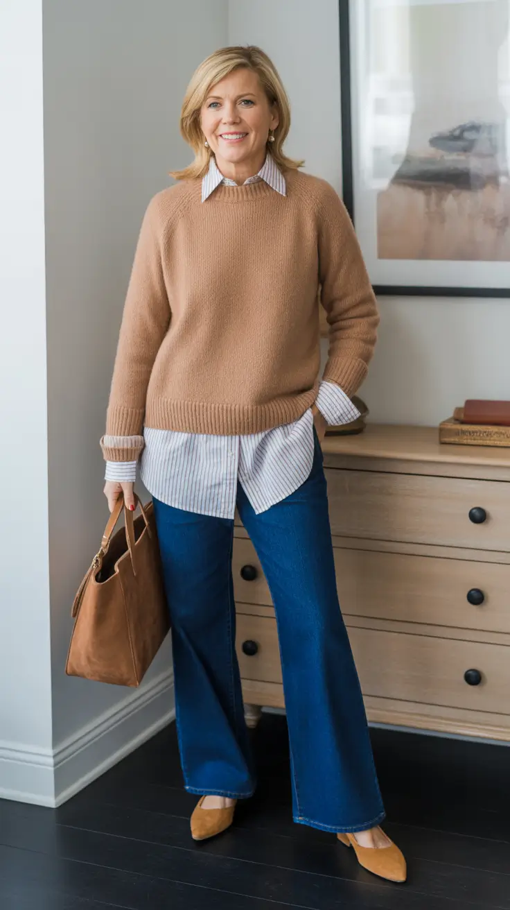 Casual outfits for women over 50 in 2026 - Layered Shirt And Sweater For Classic Everyday Structure