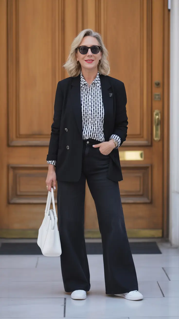 Casual outfits for women over 50 in 2026 - Black Blazer And Wide-Leg Trousers With Clean Sneakers