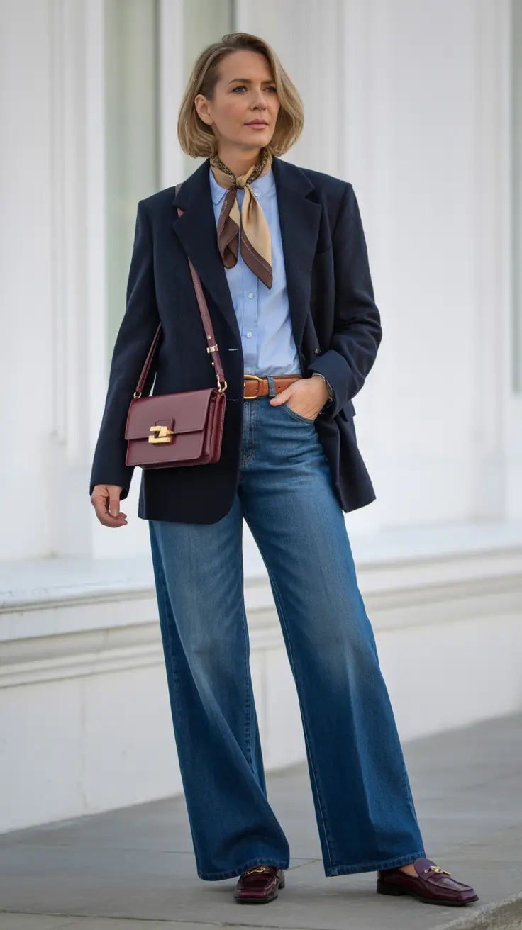 Casual outfits for women over 50 in 2026 - Navy Blazer With Scarf And Relaxed Denim