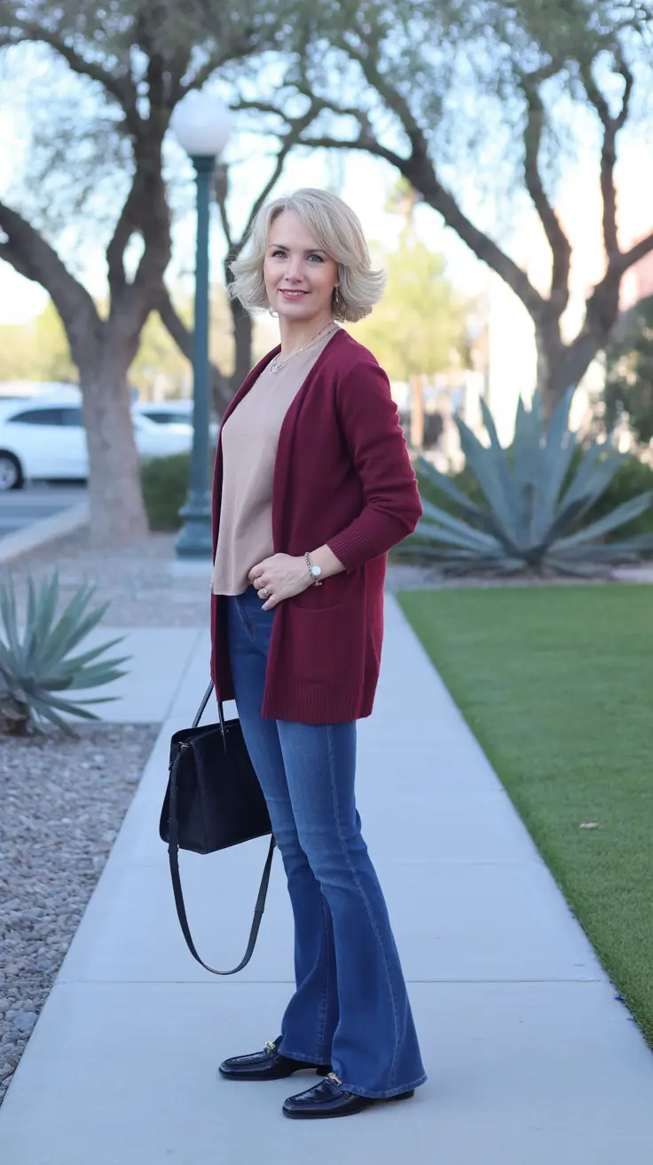 Casual outfits for women over 50 in 2026 - Burgundy Cardigan And Bootcut Jeans For Everyday Ease