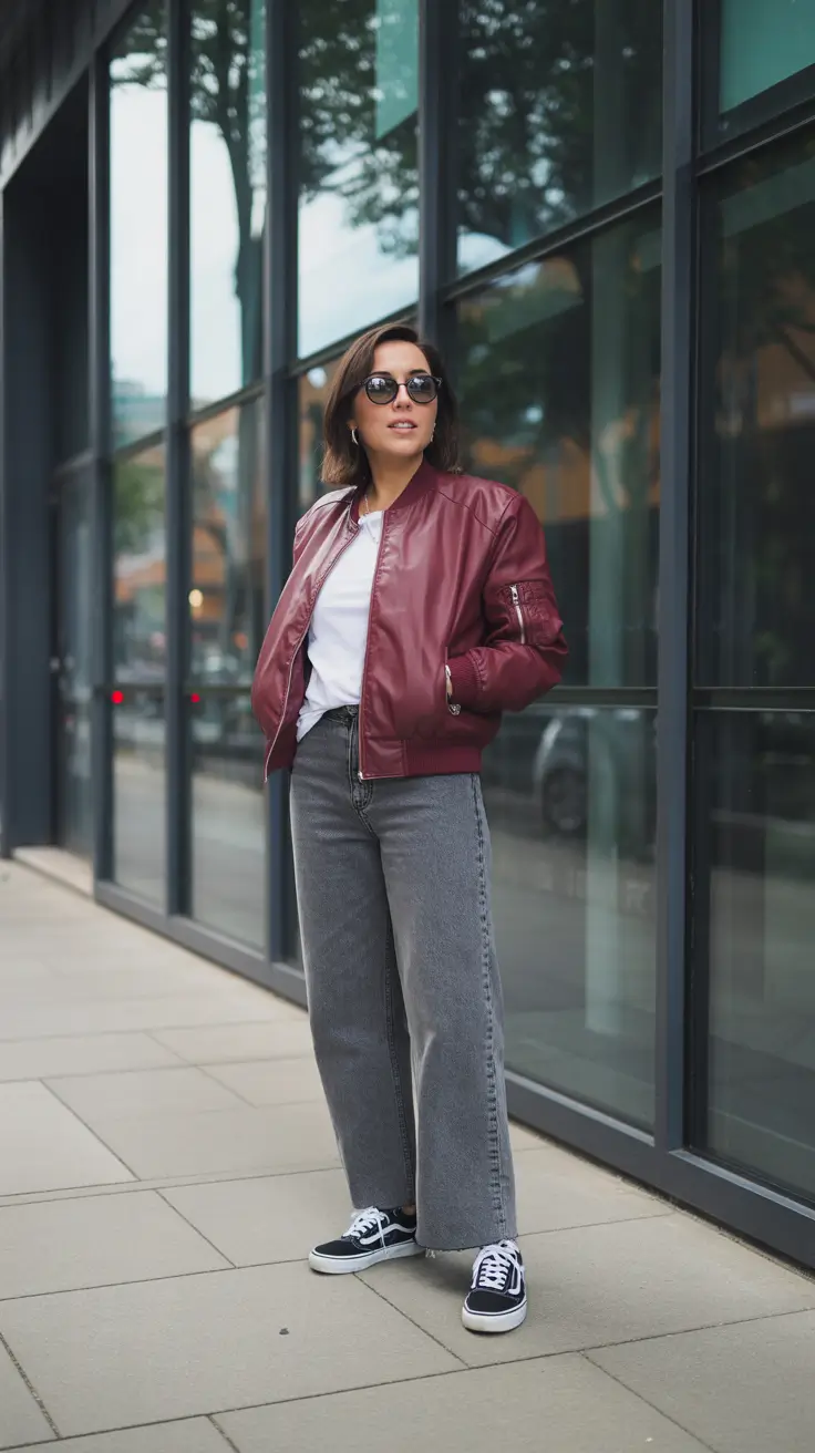 easy casual spring outfits 2026 - Burgundy Bomber And Wide Leg Denim Energy