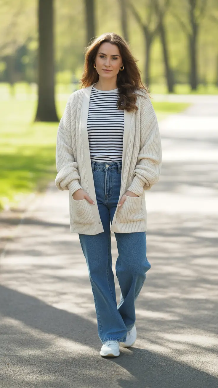 easy casual spring outfits 2026 - Cozy Cardigan And Stripes For Soft Spring Light