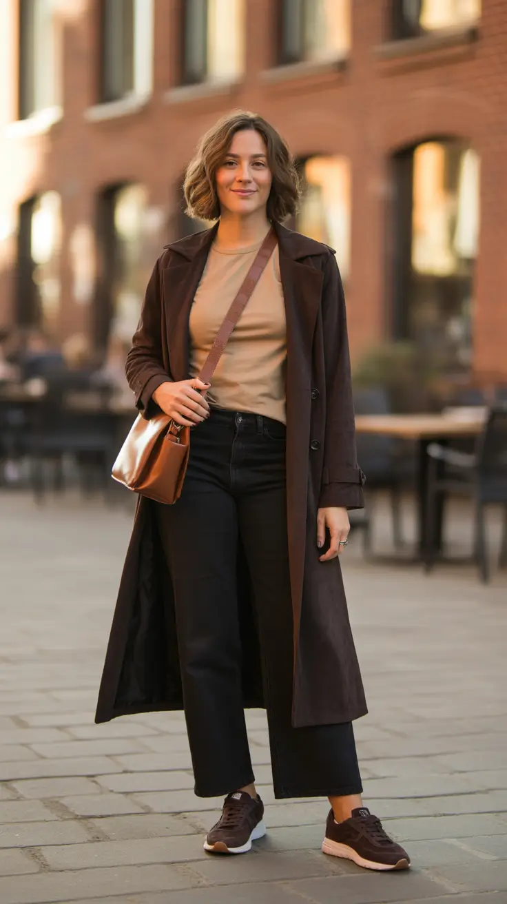 easy casual spring outfits 2026 - Chocolate Trench And Neutral Tee For Warm Minimalism