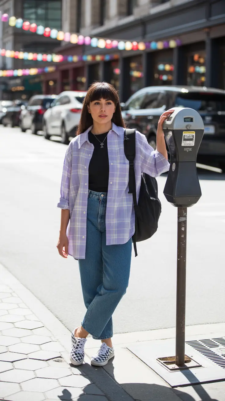 easy casual spring outfits 2026 - Lavender Plaid Overshirt And Denim For Street Style Errands