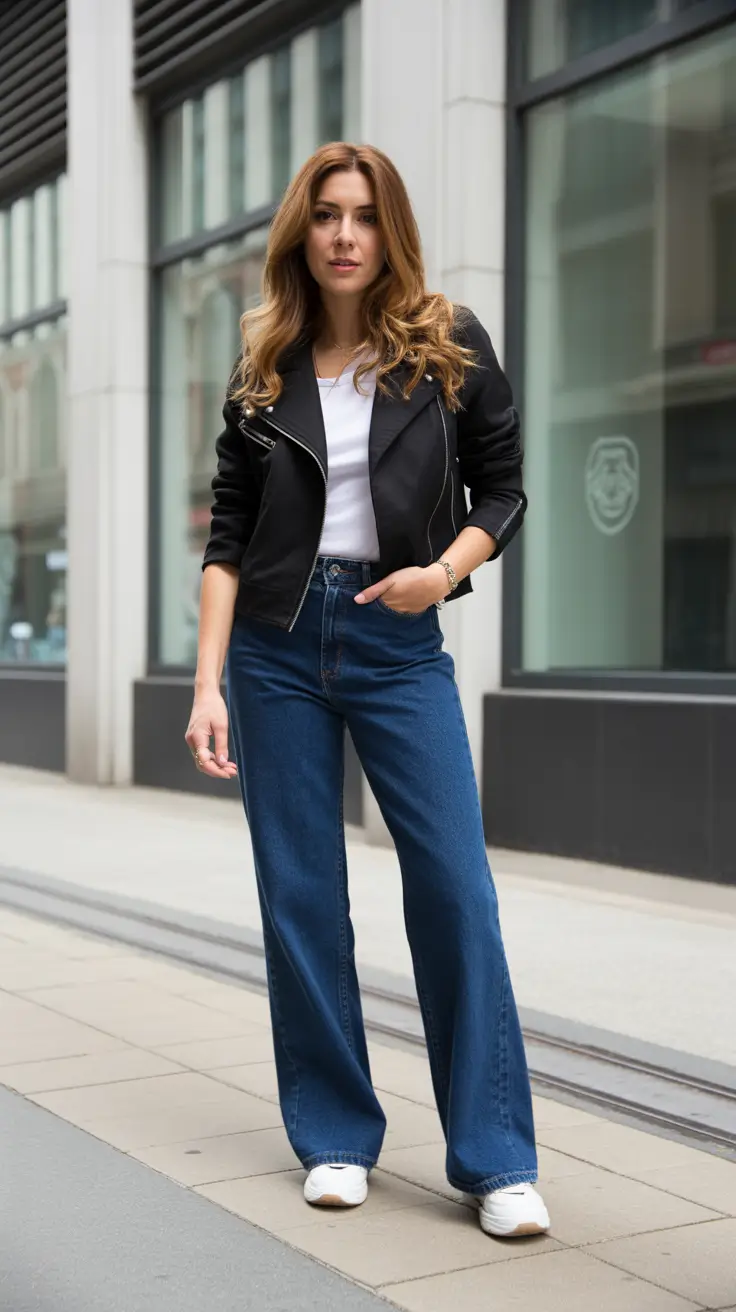 easy casual spring outfits 2026 - Black Moto Jacket With Wide-Leg Jeans And A Crisp Tee