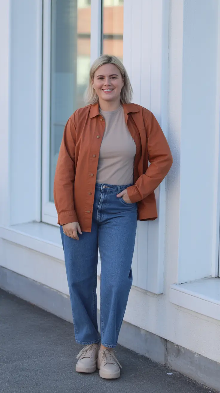 easy casual spring outfits 2026 - Rust Overshirt With Soft Neutrals And Relaxed Denim