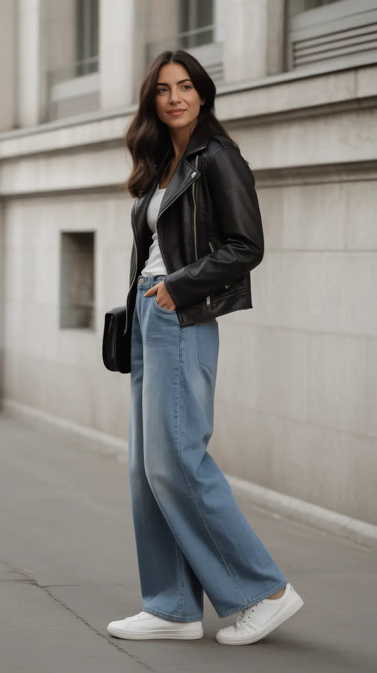 easy casual spring outfits 2026 - Black Moto Jacket With Clean Denim Lines