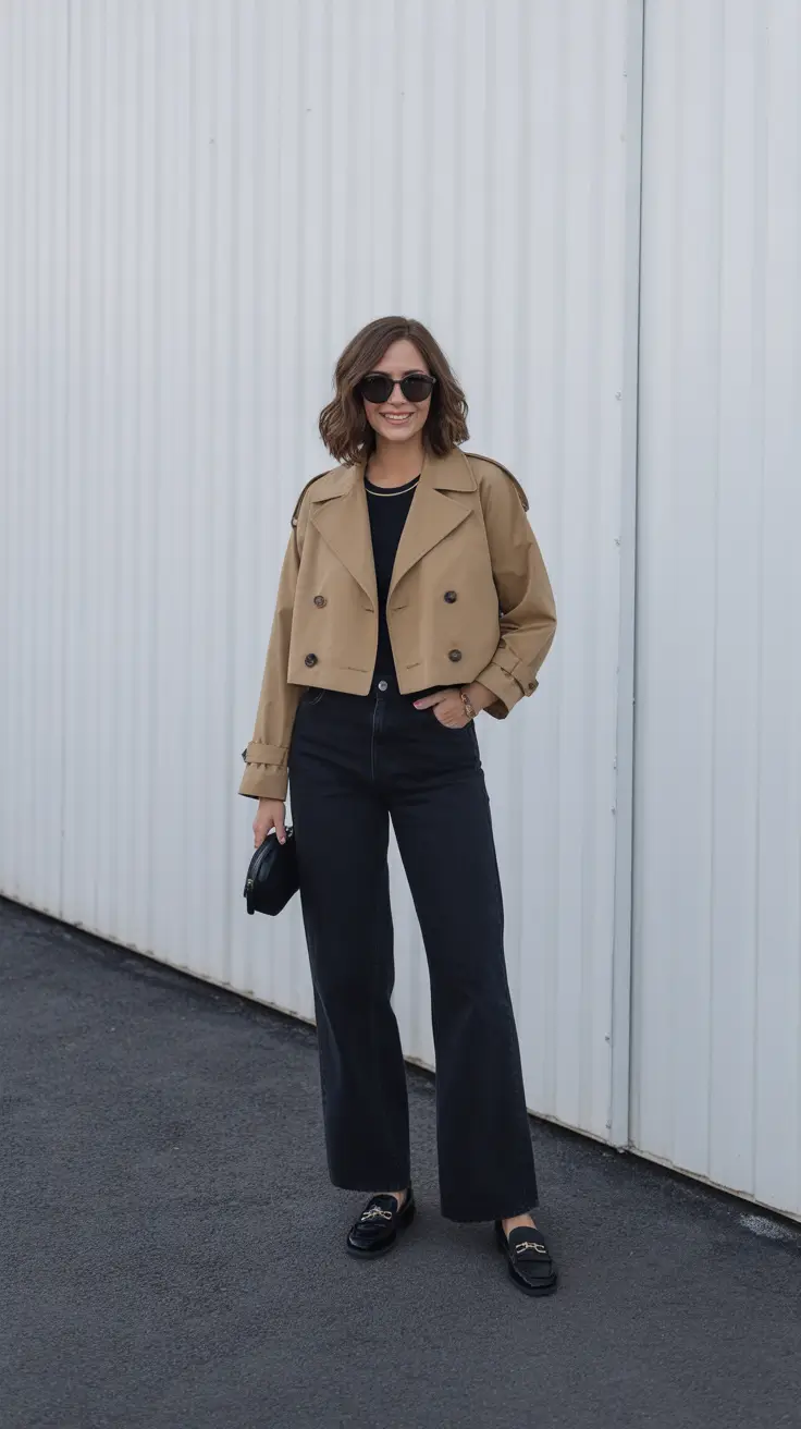 easy casual spring outfits 2026 - Cropped Trench Jacket With All-Black And Loafers