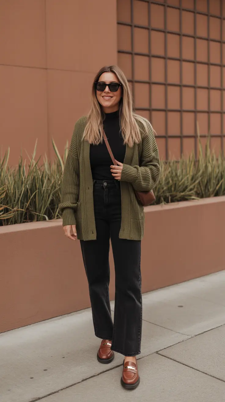 easy casual spring outfits 2026 - Olive Cardigan With Black Basics And Brown Loafers