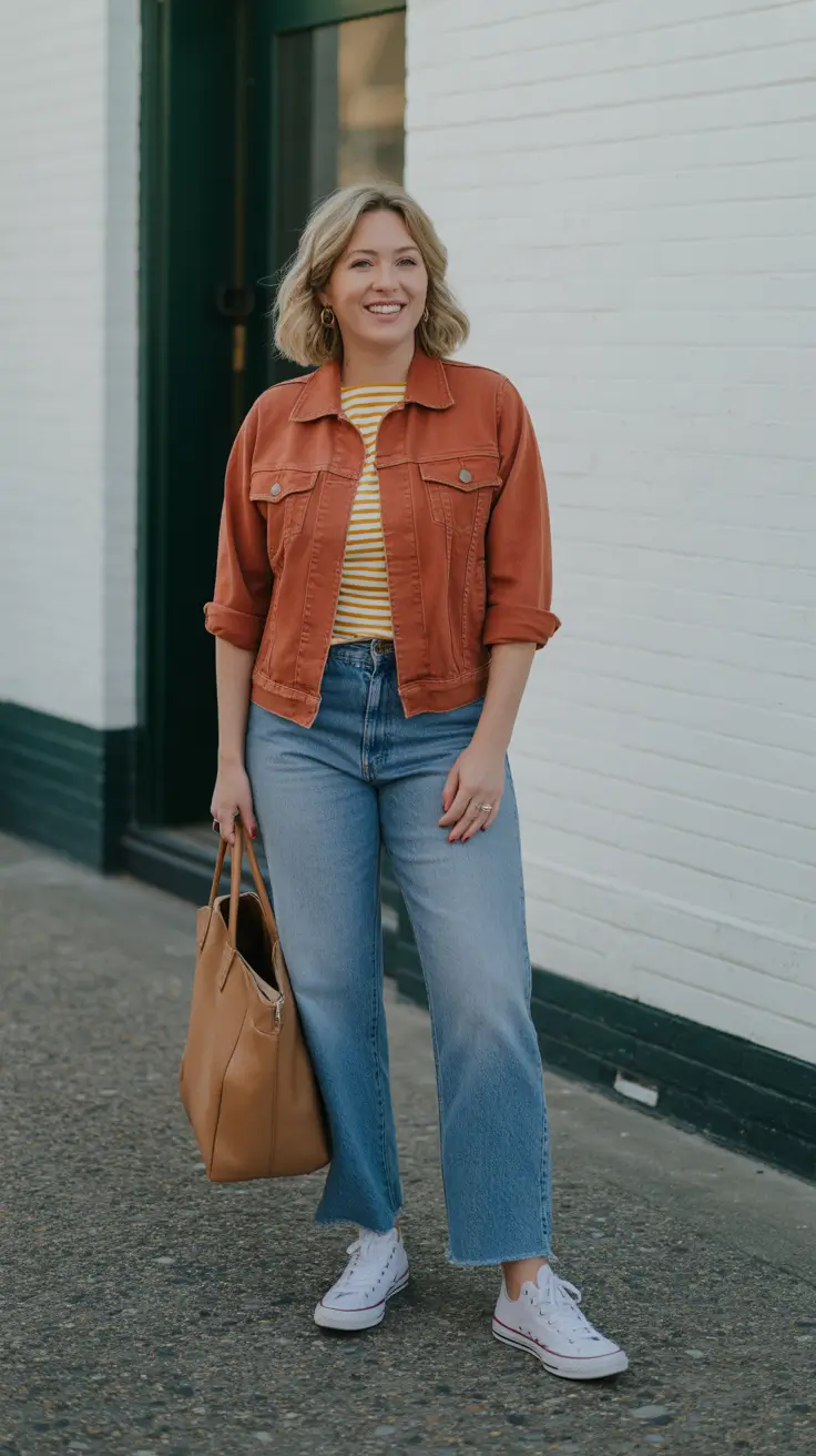 easy casual spring outfits 2026 - Rust Denim Jacket And Sunny Stripes