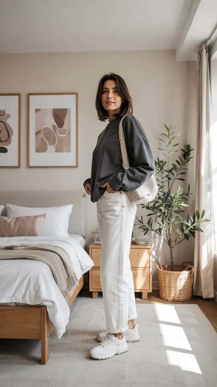 easy casual spring outfits 2026 - Charcoal Sweatshirt With Crisp White Denim