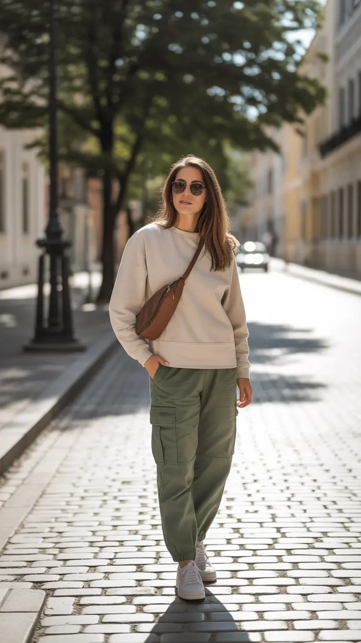 easy casual spring outfits 2026 - Beige Sweatshirt And Cargo Joggers For City Walks