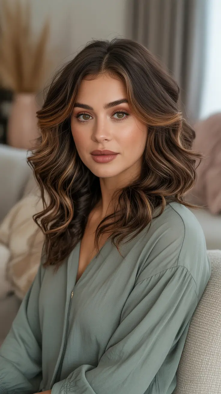 Dark brown hair color 2026 - Soft Chocolate Waves With Caramel Frame