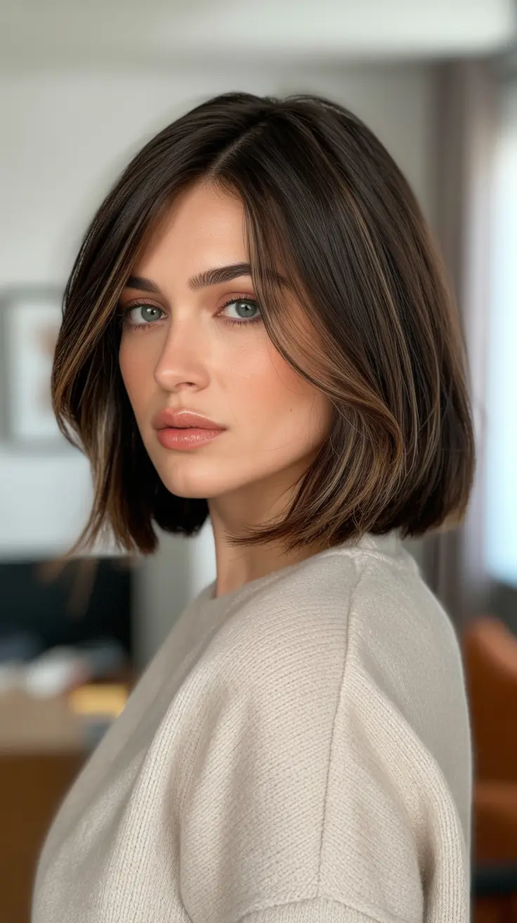 Dark brown hair color 2026 - Espresso Bob With Subtle Caramel Contour