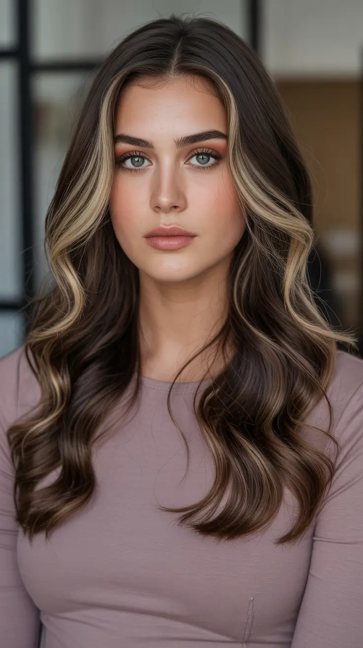 Dark brown hair color 2026 - Deep Brunette Waves With Bold Money Pieces