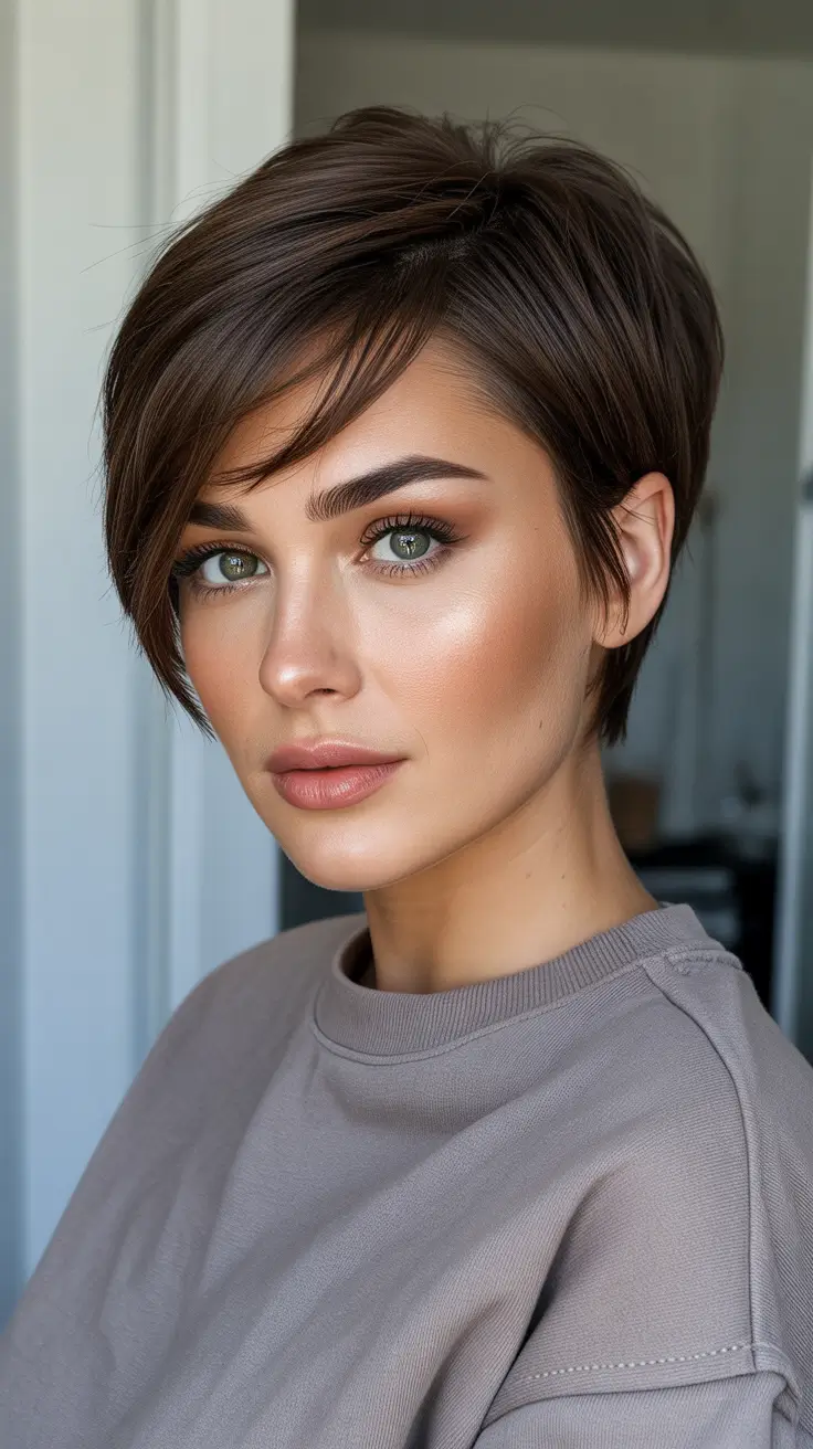 Dark brown hair color 2026 - Clean Cocoa Pixie With Side Sweep Shine