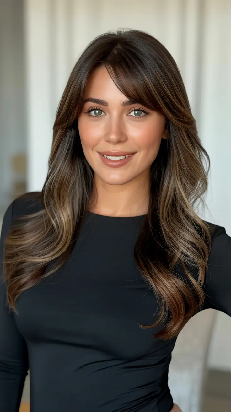 Dark brown hair color 2026 - Side Bang Brunette Ribbons With Glossy Waves