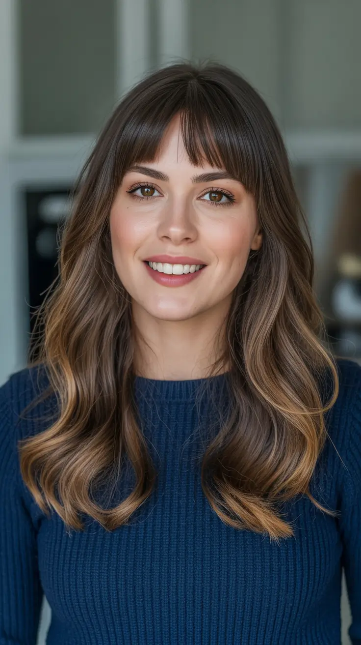 Dark brown hair color 2026 - Soft Fringe Brunette With Golden Ends