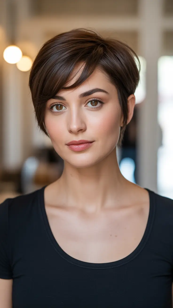 Dark brown hair color 2026 - Sharp Brunette Pixie With Natural Depth