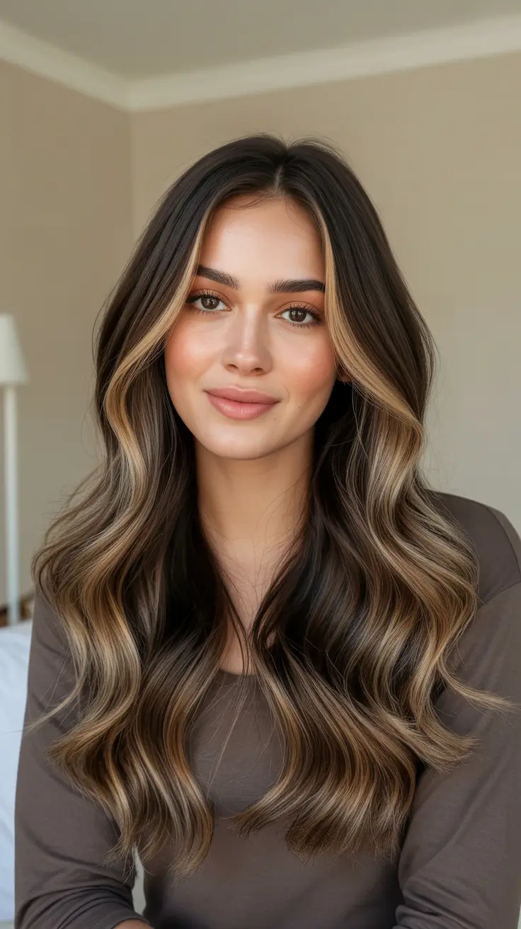 Dark brown hair color 2026 - Glossy Brunette Waves With Golden Face Frame