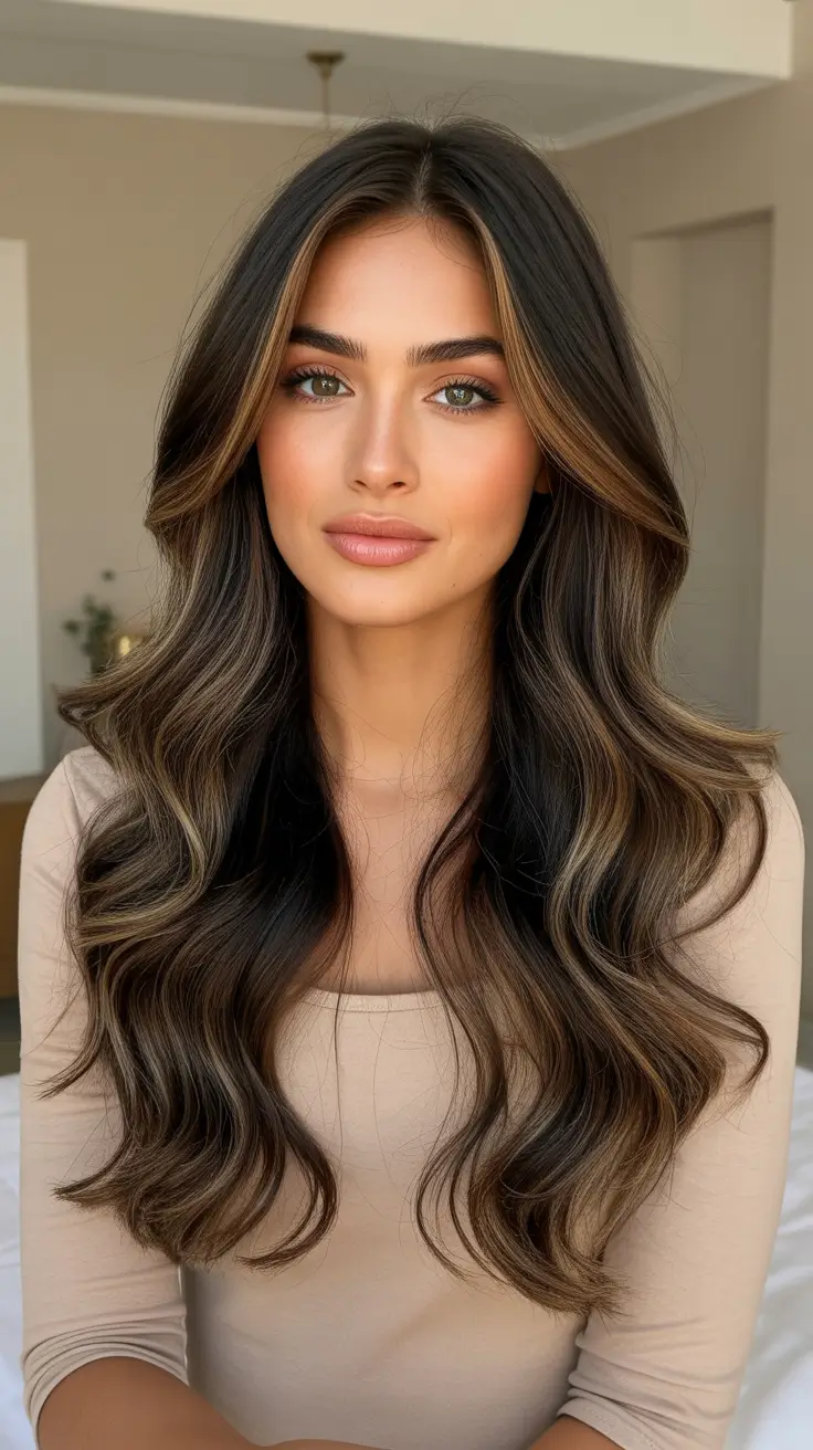 Dark brown hair color 2026 - Honeyed Ribbon Highlights With Soft Glam Waves
