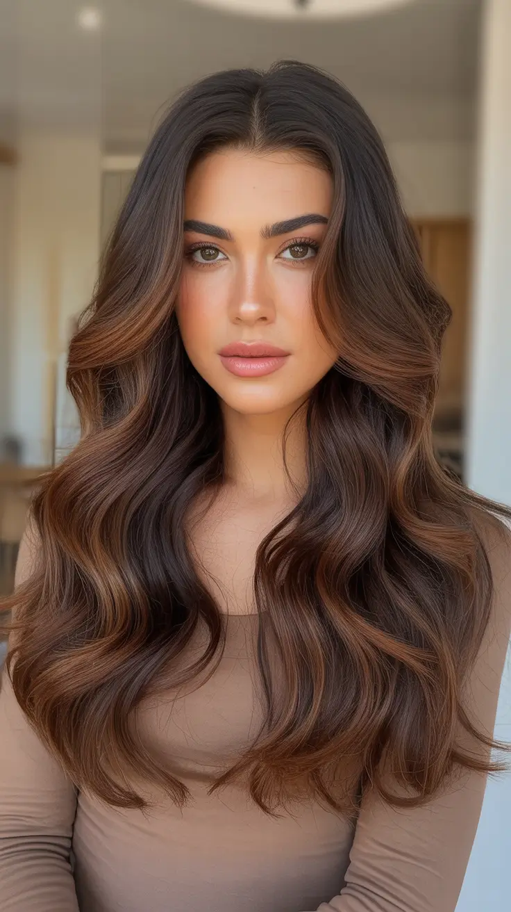 Dark brown hair color 2026 - Deep Chocolate Waves With A Warm Chestnut Glow