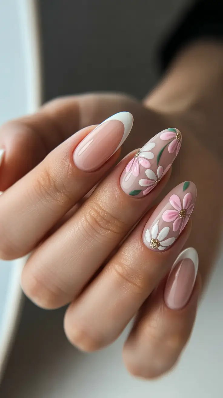 French Spring Nails 2026 Milky White French With Pink Floral Glam Accents