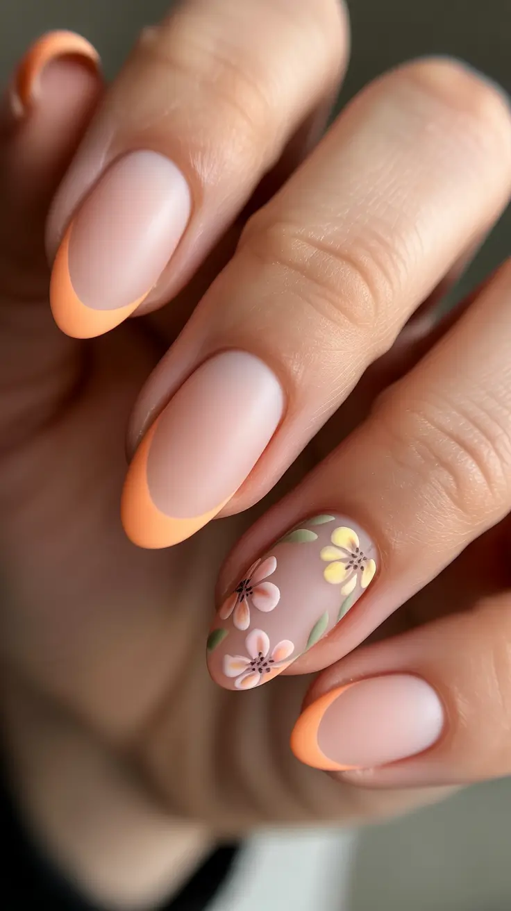 French Spring Nails 2026 Matte Peach French With A Soft Floral Feature Nail
