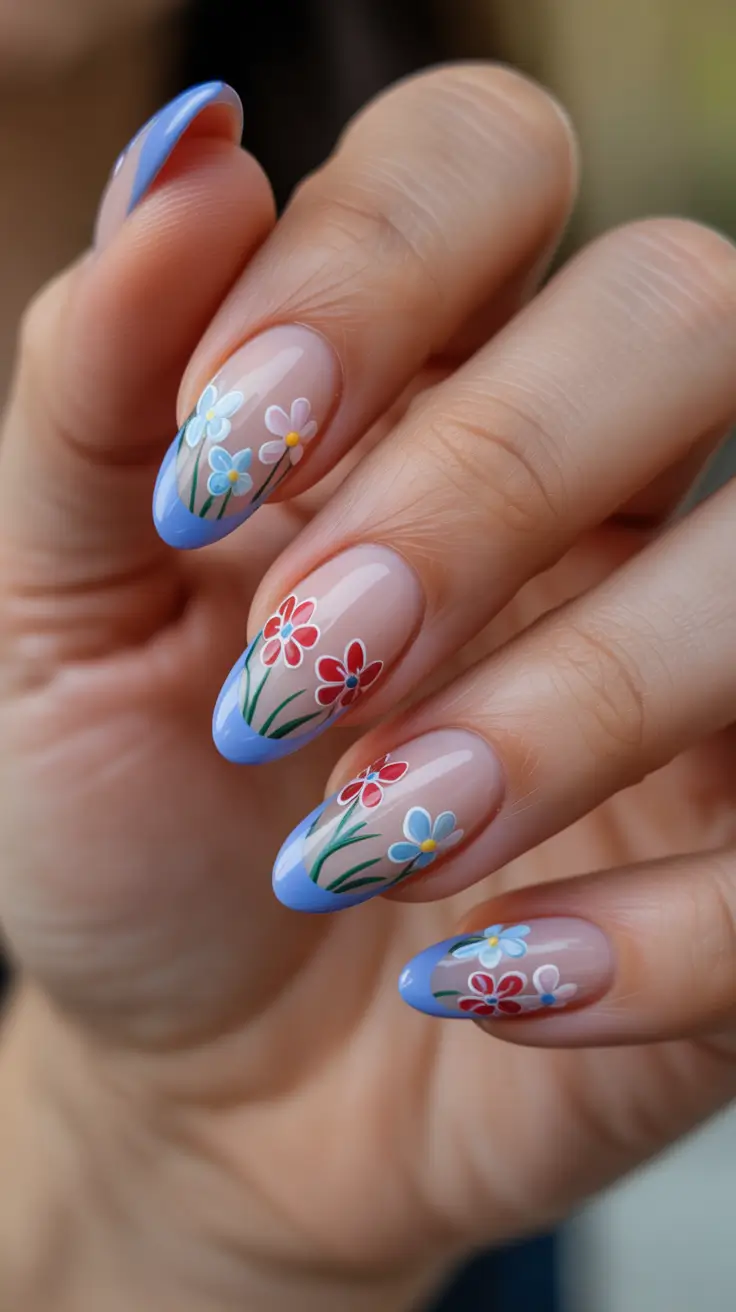 French Spring Nails 2026 Periwinkle Blue French With Bright Wildflower Art