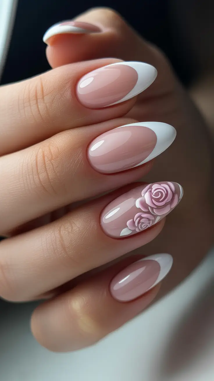 French Spring Nails 2026 Classic White French With 3D Rose Accent Art