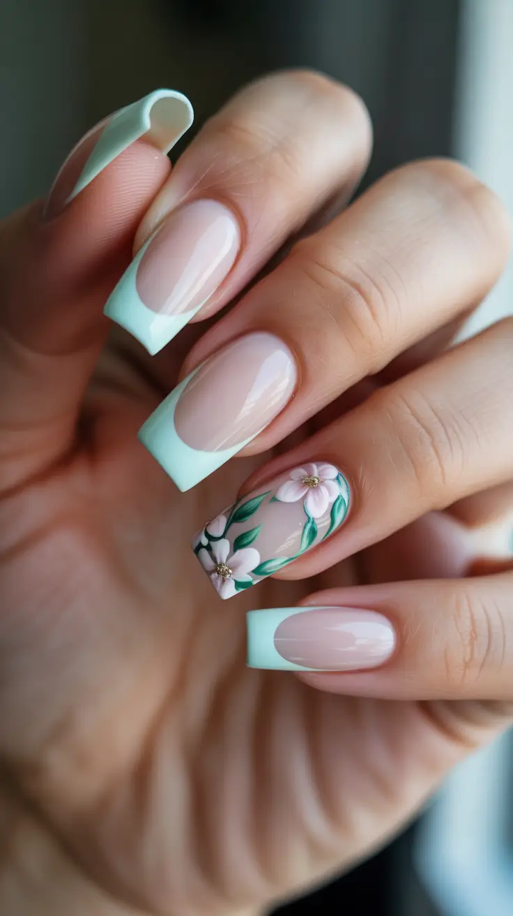 French Spring Nails 2026 + Mint Square French With A Single Blossom Statement