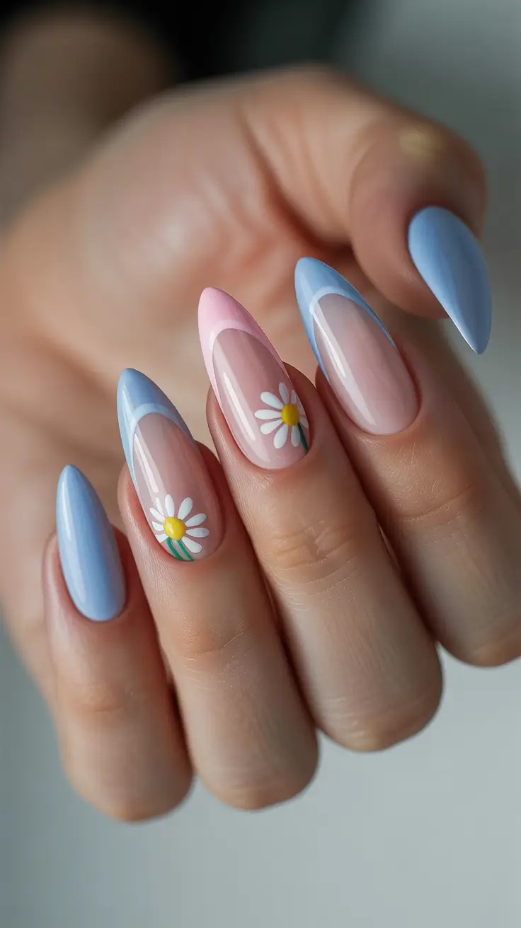 French Spring Nails 2026 + Sky Blue And Blush French With Daisy Pops